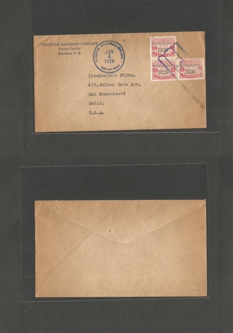 Honduras. 1928 (4 Jan) Puerto Castilla Colon - USA. Truxillo Railroad Congress. Ovptd Multifkd Envelope. - Honduras