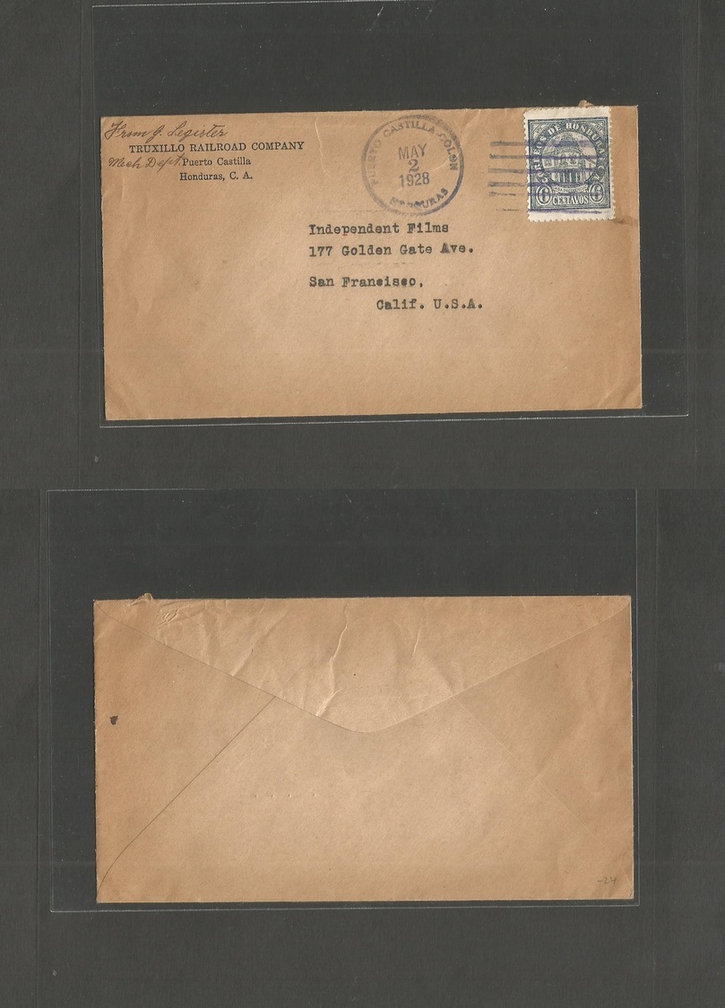 Honduras. 1928 (May 2) Puerto Castilla Colon - USA, Cali / SF, Truxillo Railroad Campey. Single Fkd Env. - Honduras