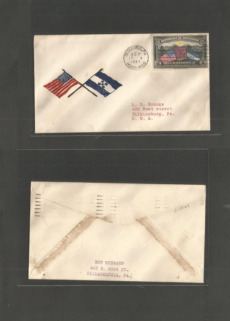 Honduras. 1937 (Sept 17) Tegucigalpa - USA + Honduras Flags Issue + Hand Illustrated Envelope. VF. - Honduras
