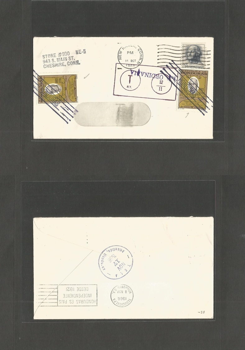 Honduras. 1966 (16 Oct) USA, New Haven, CT - Tela. US Fkd Env + Taxed + Arrival (x2) Postage Dues + Tied Cds + Tax Pmks. - Honduras