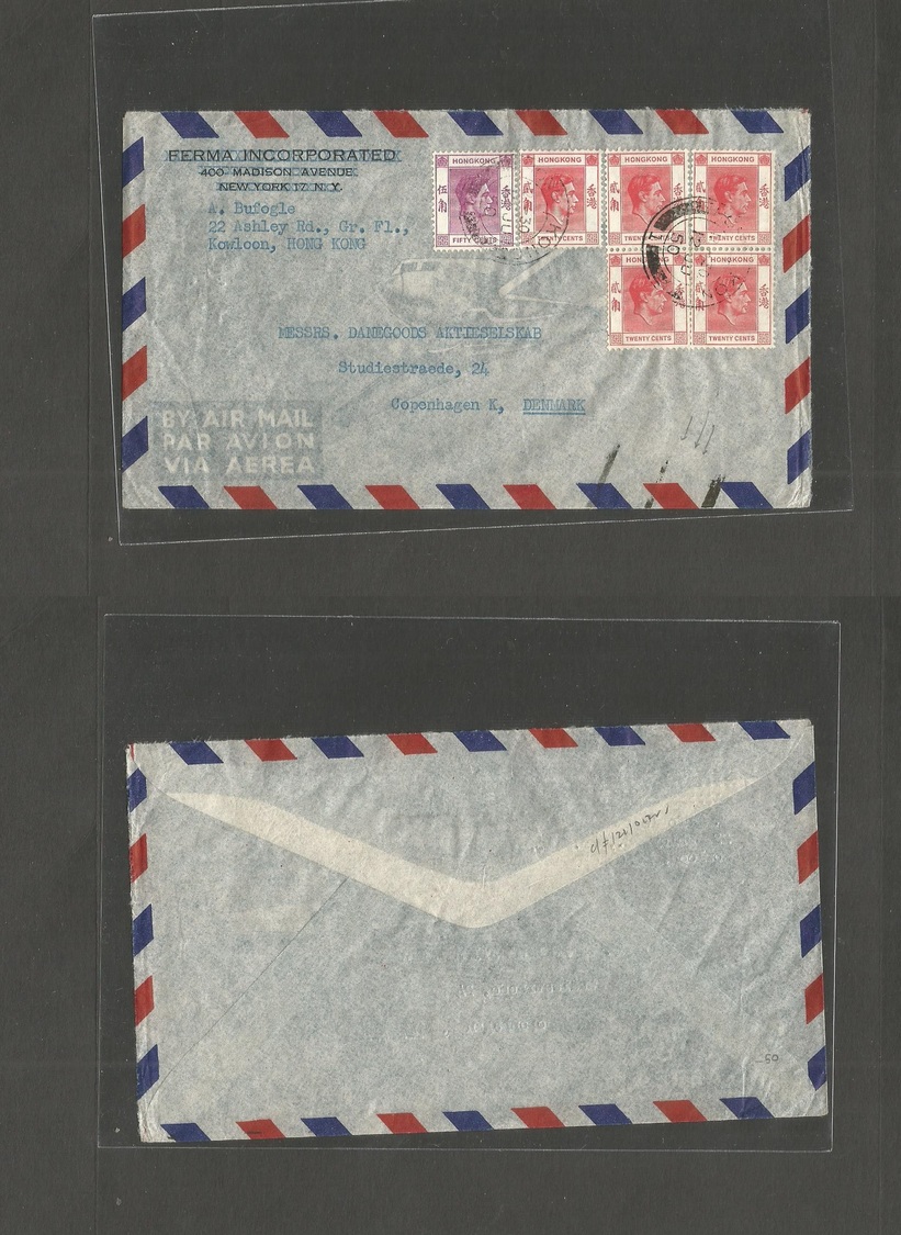 Hong Kong. 1950 (12 Jn) GPO - Denmark, Copenhagen. Air Multifkd Envelope Incl 20c. Reddish Block Of Four. VF. - Autres & Non Classés