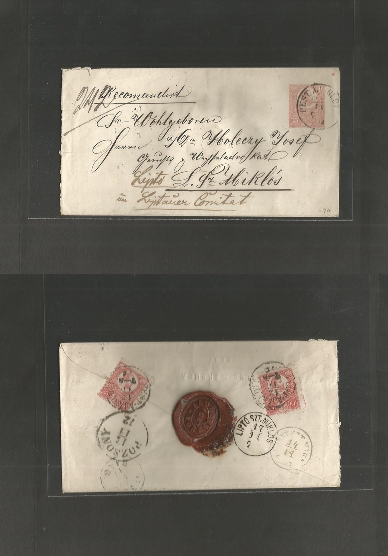 Hungary. 1872 (12 Nov) Pest - Lipto. Stz. Miklos. Local 5kr Rose Stat Env, Registered + Adlt Stamps On Reverse. VF. - Autres & Non Classés