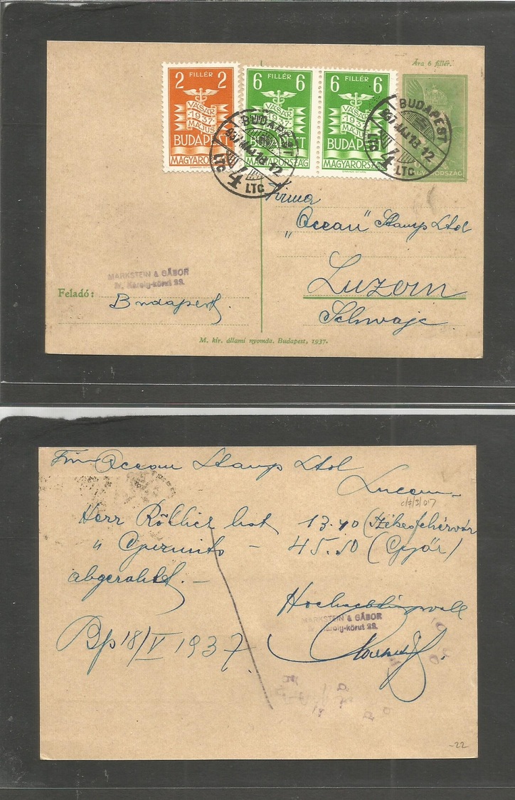 Hungary. 1937 (18 May) Budapest - Switzerland, Luzern 6 Fill. Green Stat Card + 3 Adtls Cds. VF. - Autres & Non Classés