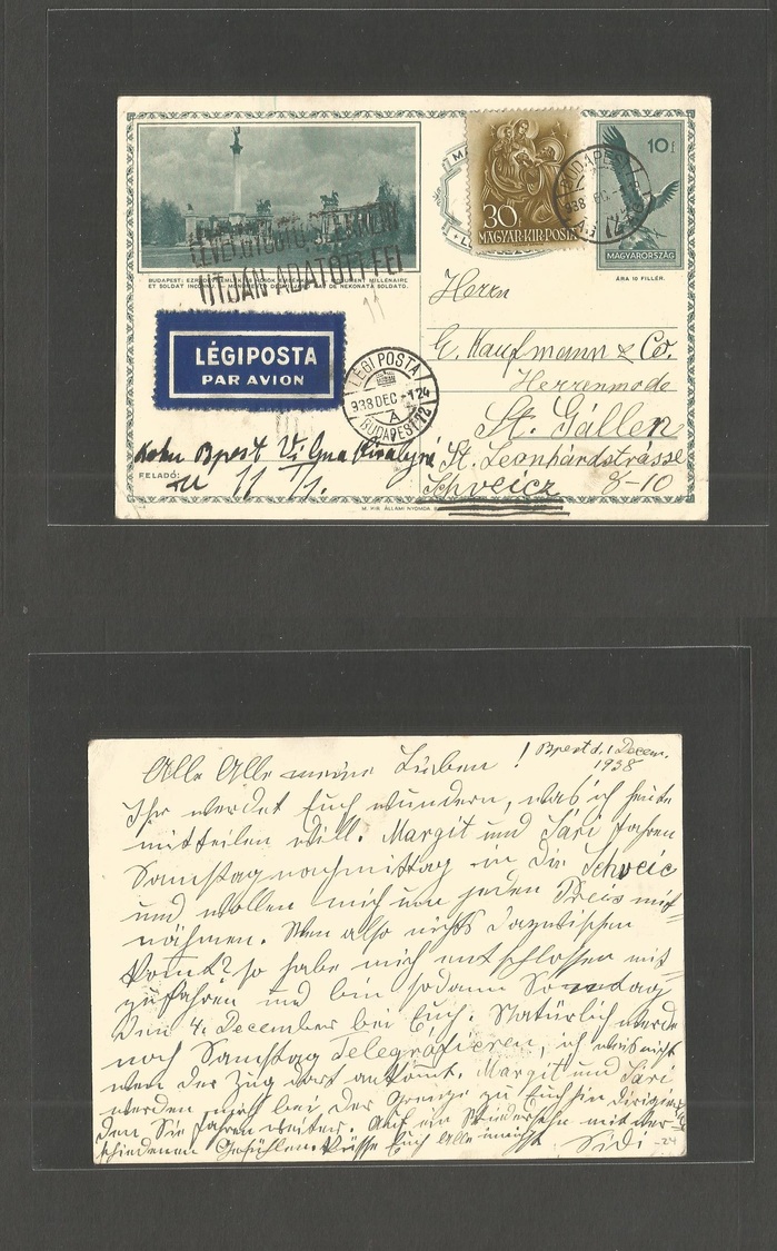 Hungary. 1938 (1 Dec) Budapest - Switzerland, St. Gallen. 10f Green Stat Card Illustrated + Adtl Frkg On Airmail Hungari - Autres & Non Classés