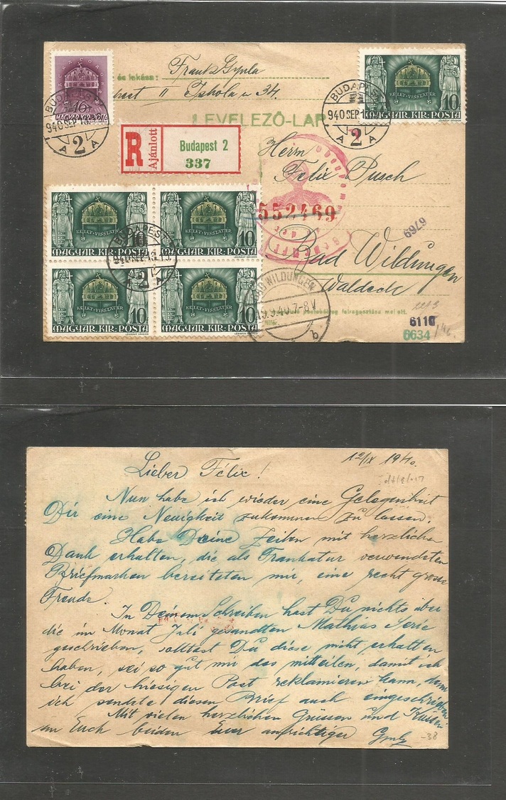 Hungary. 1940 (13 Sept) Budapest - Bad Wildungen, Germany. Registered Private Card Multifkd Incl Block Of Four R-label + - Autres & Non Classés