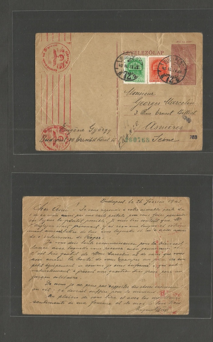 Hungary. 1943 (26 Febr) Budapest - France, Asnieres Seine. 2f Reddish Stat Card + 2 Adtls. Nazi + French Censor. - Autres & Non Classés