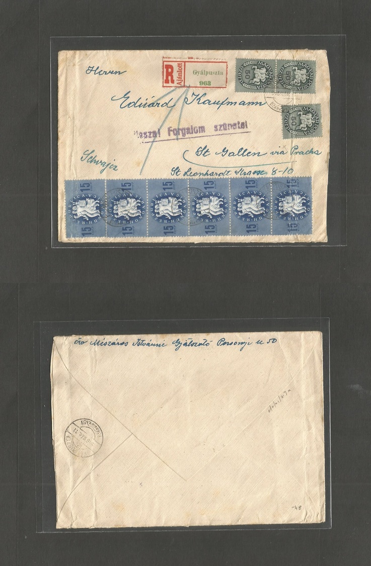 Hungary. 1946 (7 March) Inflation Period. Gyalpuszta - Switzerland, St. Gallen Via Prague. Registered Multifkd Env. - Autres & Non Classés