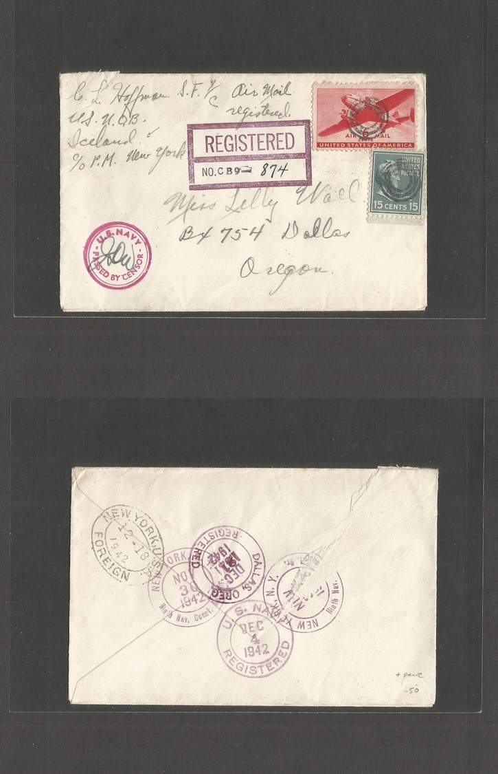 Iceland. 1942 (30 Nov) US Troops In Iceland. WWII. Registered Mail Envelope Air Fkd + Prexy To Dallas, Oregon (Dec 21) C - Autres & Non Classés
