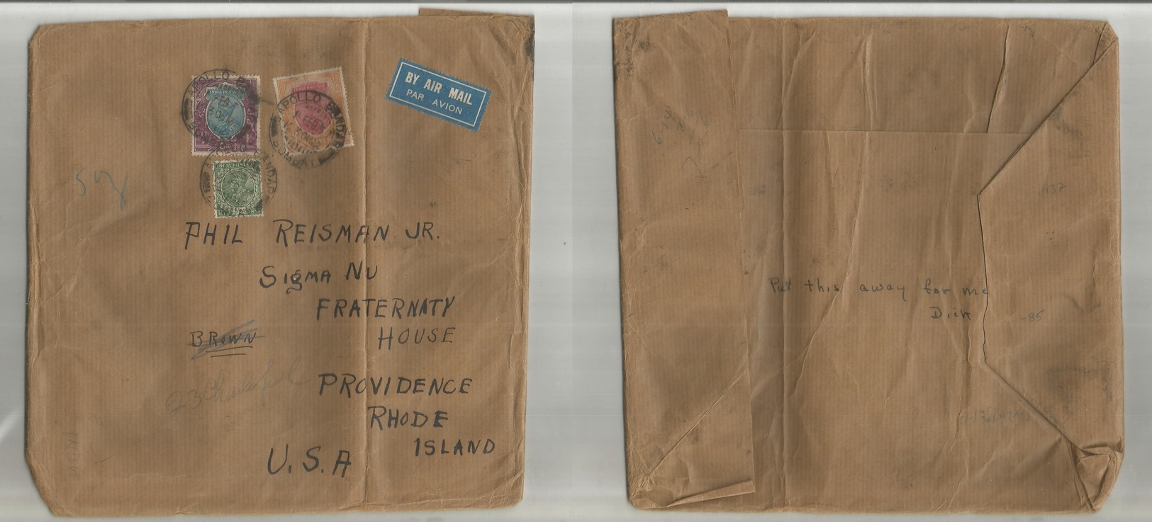 India. 1937 (11 Febr) Bombay, Apollo Bandar - USA, Rhode Island, Providence. Air Multifkd Envelope Including 5rs High Va - Autres & Non Classés