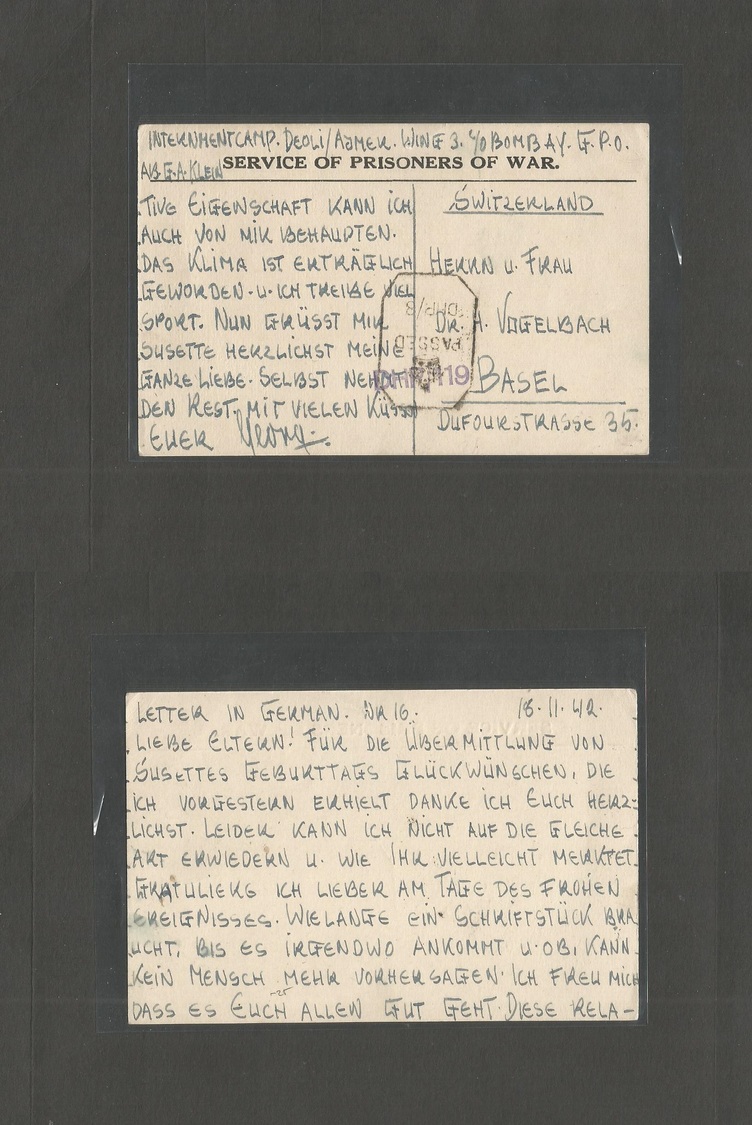 India. 1942 (18 Nov) Deoli Camp. POW German Internee. Free Frank Card To Switzerland, Basel. VF Correspondance. - Sonstige & Ohne Zuordnung