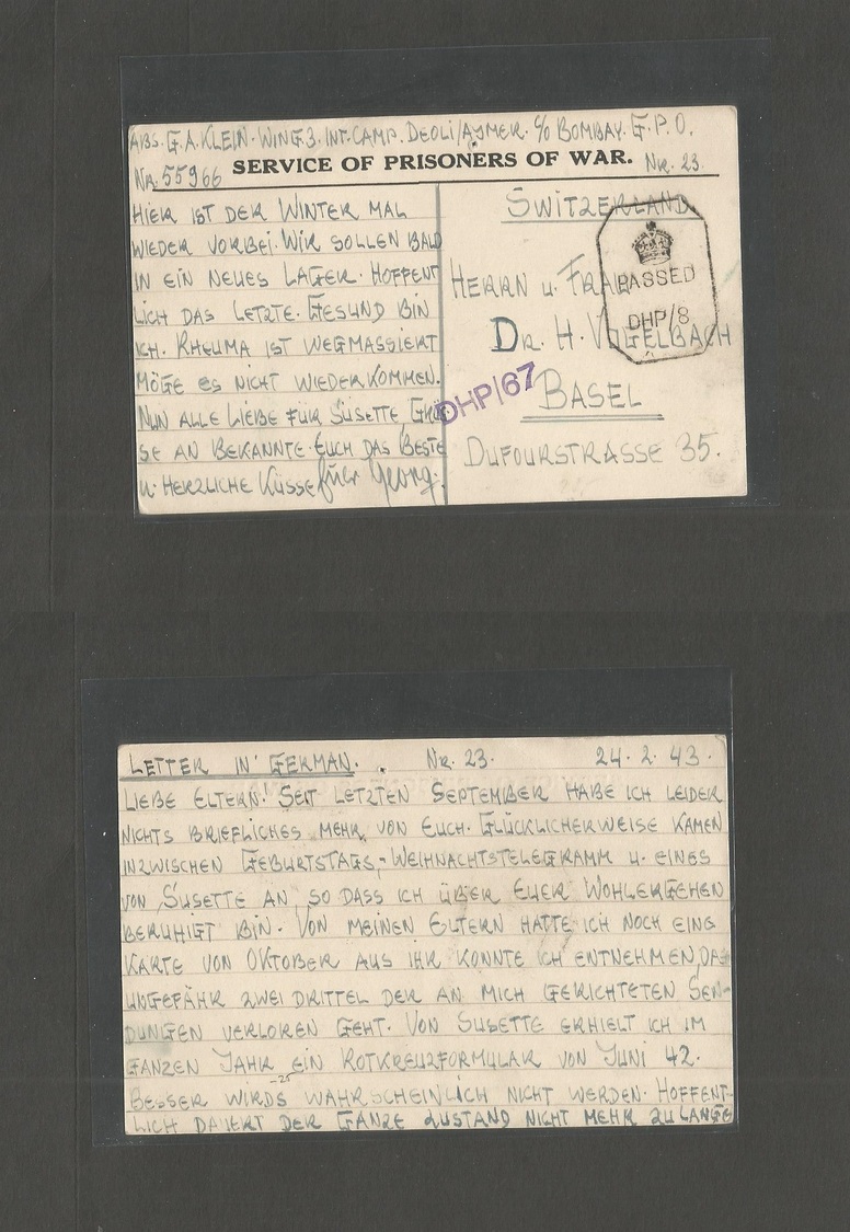 India. 1943 (24 Febr) Deoli / Ajmer Camp. POW Germain Internee. Free Frank Card, Addressed To Switzerland, Basel. VF Cor - Autres & Non Classés