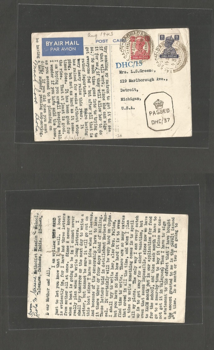 India. 1943 (13 Aug) Talegaon, Dabhada, Methodist Mission. Air Fkd Card To USA, Mich, Detroit. VF. - Autres & Non Classés