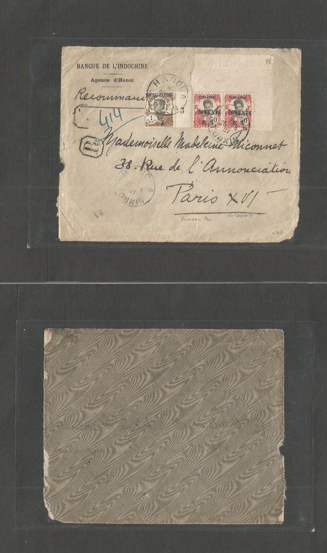 Indochina. 1927 (30 April) YUNNAN FU + KOUANG TCHEOU. Hanoi - France, Paris. Registered Multifkd Ovptd MIXED Issues On F - Autres - Asie