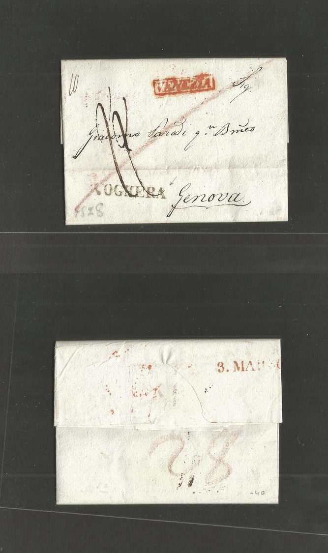 Italy - Prephilately. 1828 (28 Febr) Venezia - Genova. EL Full Text Red Bx Town Name + "Voghera" Stline Transit. VF. - Non Classés