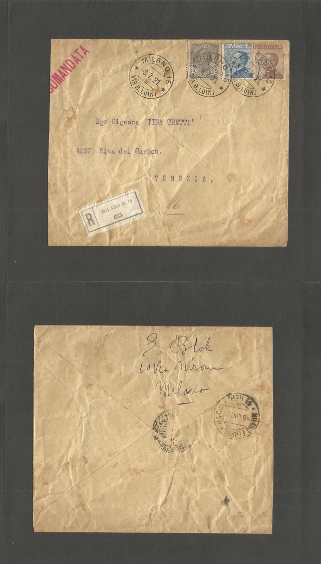 Italy - Xx. 1921 (6 July) Milano,Via Bluini - Venecia (7 July) Registered Tricolor Mixed Issues Multifkd Envelope. Fine. - Non Classés