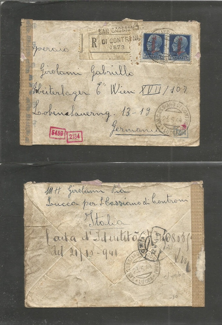 Italy - Xx. 1944 (23 May) San Cassiano Di Contrani - Germany, Wien. Registered Fkd Env + Censor. Ovptd Issue. Small Vill - Non Classés