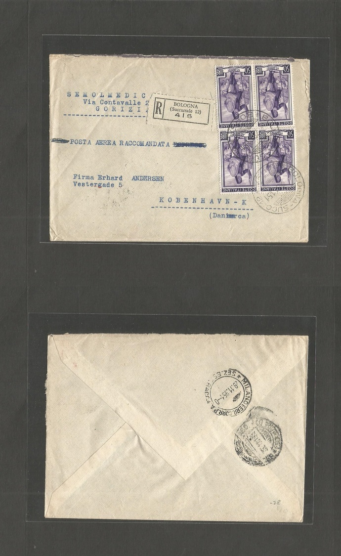 Italy - Xx. 1951 (28 Nov) Bologna - Denmark, Copenhagen. Registered Multifkd Block Of Four Stamp. Envelope. Nice Conditi - Non Classés