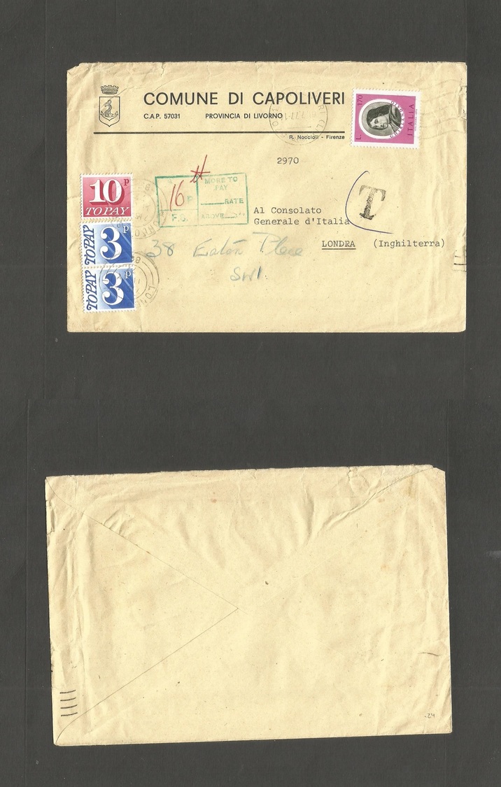 Italy - Xx. 1977 (1 July) Livorno - UK, London. Fkd + Taxed + GB P. Dues, Tied. Scarce Modern Period Combination Envelop - Non Classés