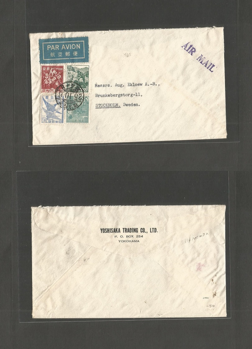 Japan. 1950 (6 Oct) Yokohama - Sweden, Stockholm. Airmail Multifkd Env Including Air Labl, Tied Cds. Nice Condition. - Autres & Non Classés