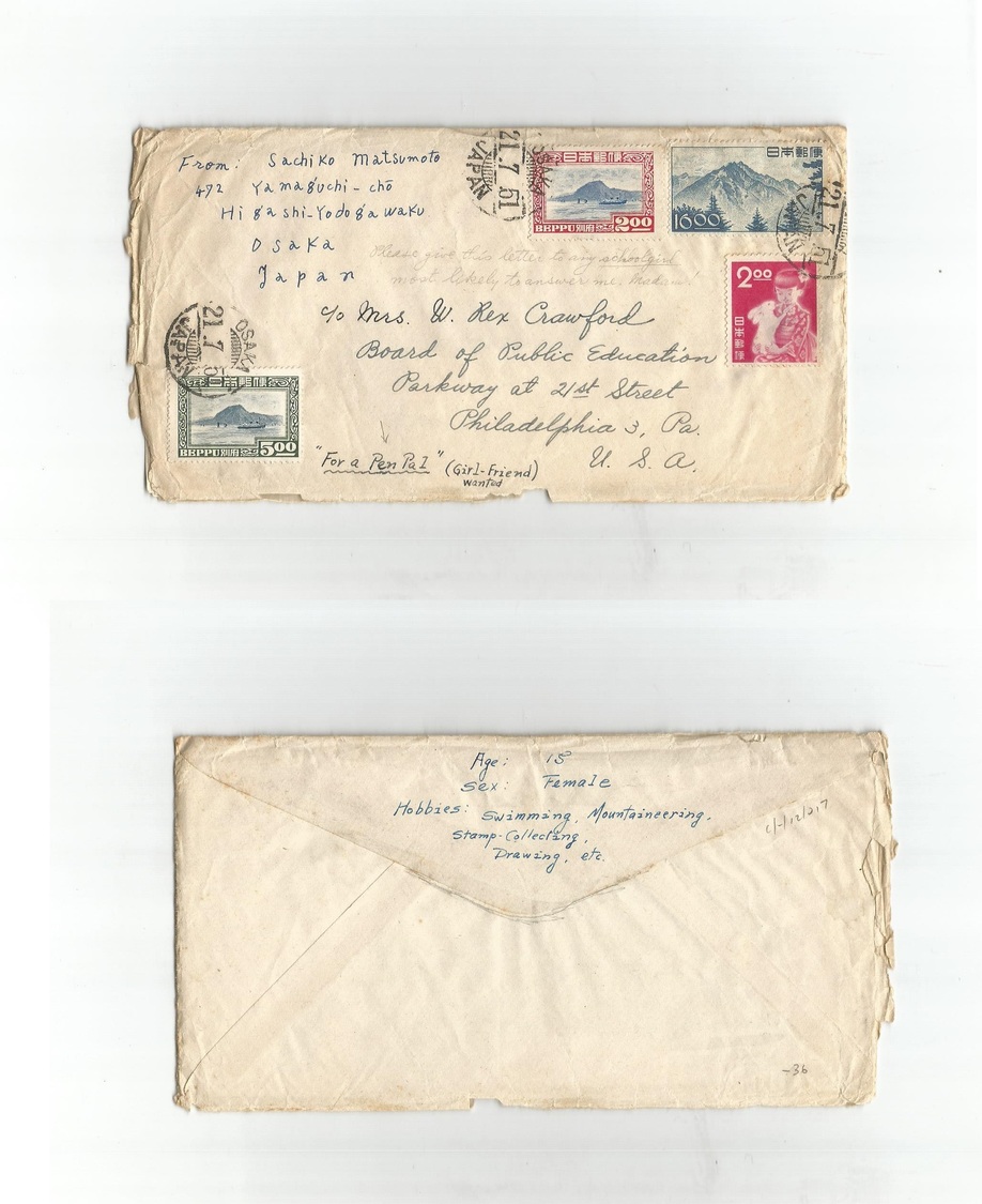 Japan. 1951 (21 July) Osaka - USA, San Francisco. Fkd Envelope "Pen-pal" (girl Wanted) A 15 Years Female Swimming Mounta - Autres & Non Classés