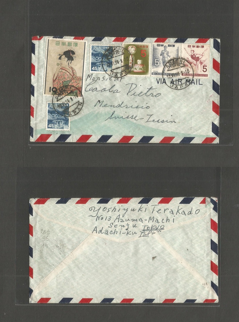 Japan. 1956 (17 June) Adachi - Switzerland, Mendasio. Air Multifkd Envelope. Sports. - Autres & Non Classés