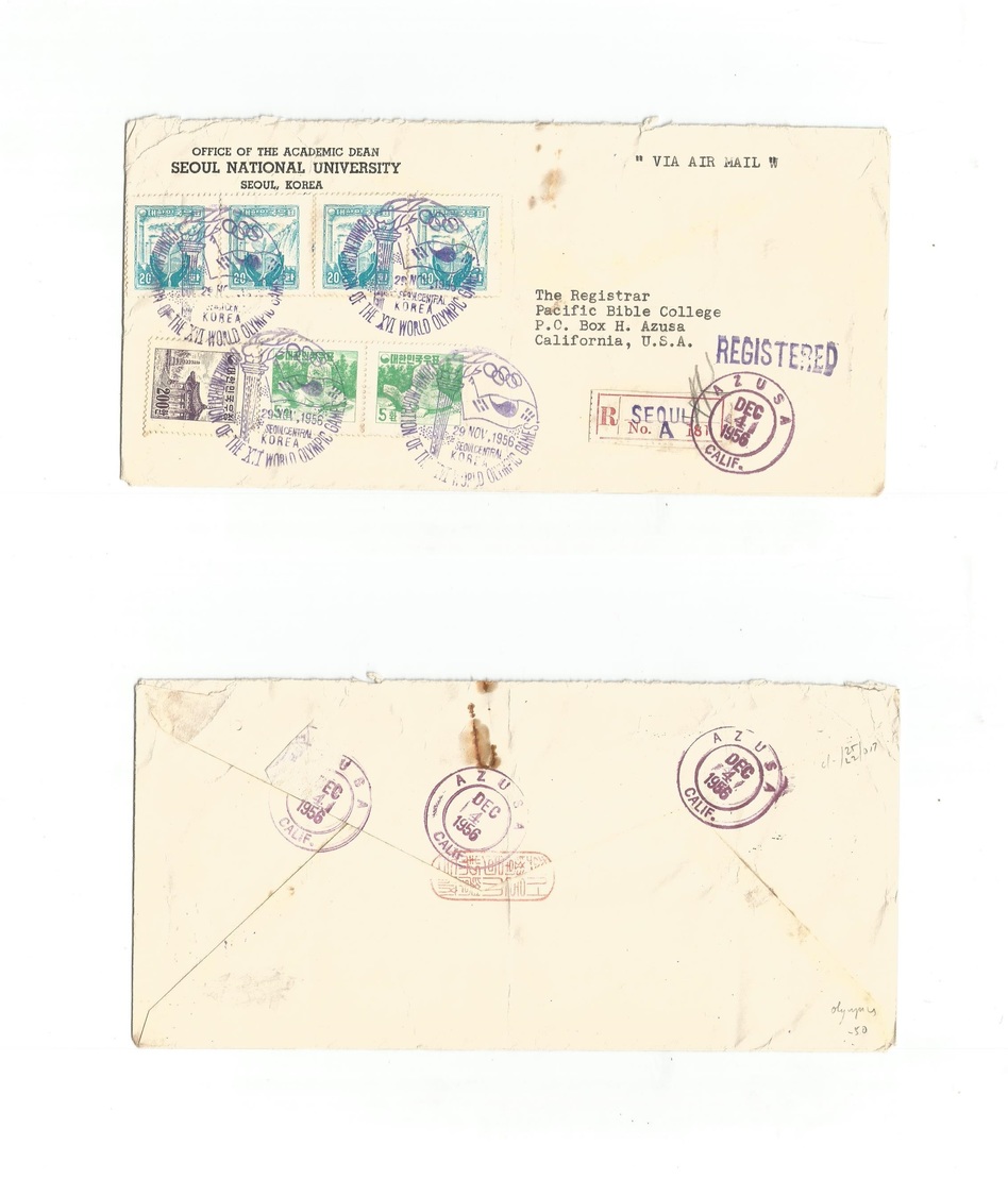 Korea. 1956 (29 Nov) Olympic Games. Seoul - USA, CA, Azusa (4 Dec) Registered Air Multifkd Envelope + Special Cachet VF. - Corée (...-1945)