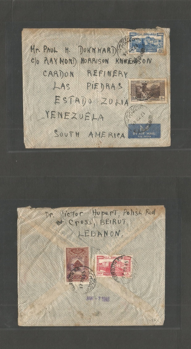 Lebanon. 1945 (17 Dec) Beyrouth - Venezuela, Las Piedras, Estado Zulia. Air Multifkd Front + Reverse Envelope. Destinati - Liban