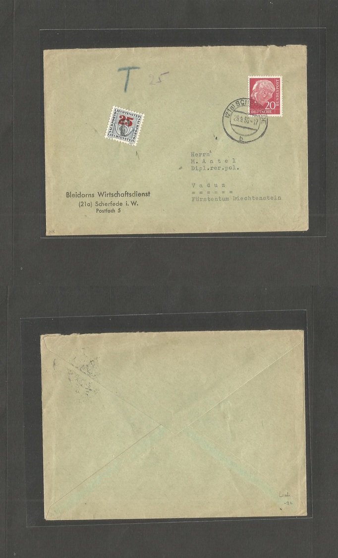 Liechtenstein. 1956 (29 Sept) Germany, Scherefede - Vaduz, Lichestein. Fkd + Taxed Envelope With V. Scarce Arrival Posta - Autres & Non Classés