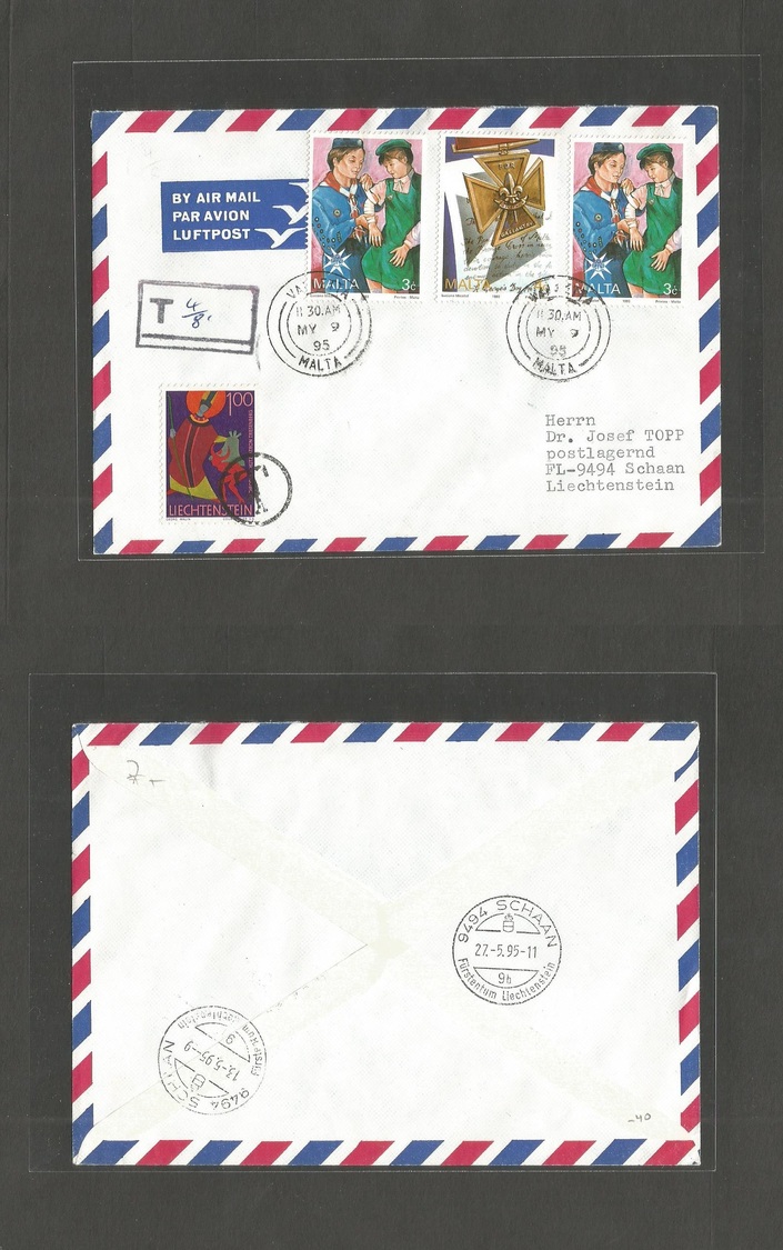 Liechtenstein. 1995 (May 9) Malta, Valetta - Schaan. Air Multifkd Envv + Taxed + Arrival. FS Stamp As Postage Due, Tied. - Sonstige & Ohne Zuordnung