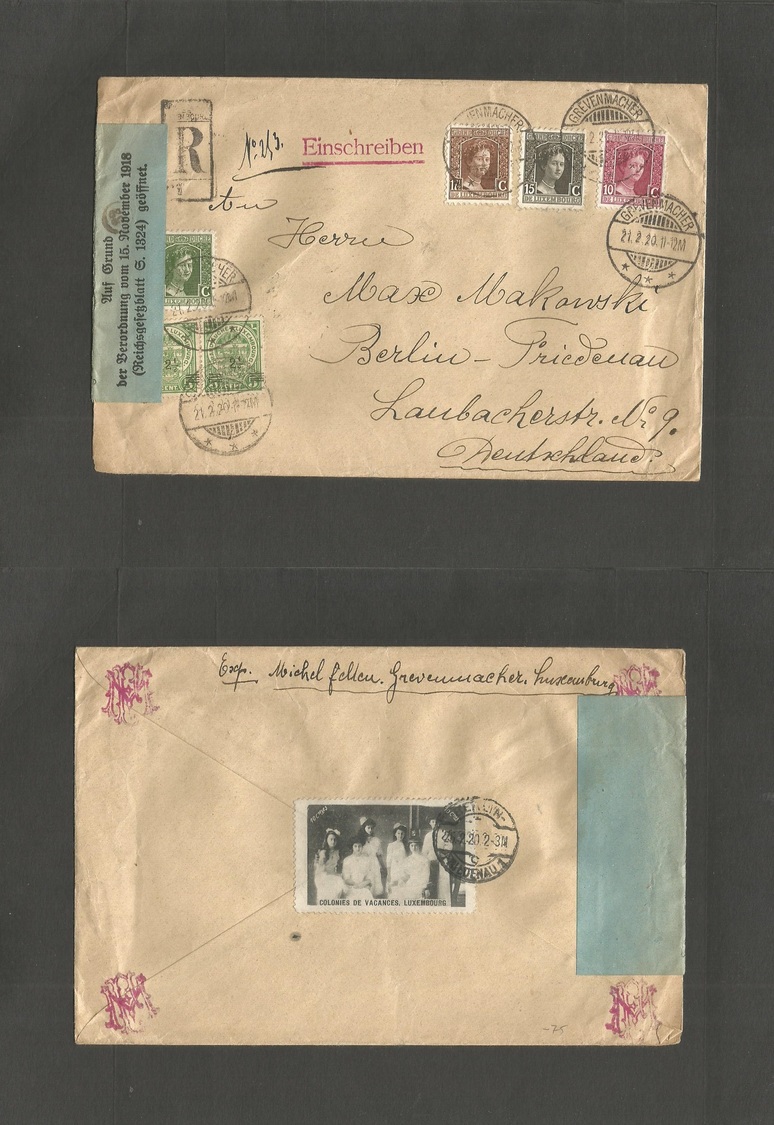Luxembourg. 1920 (21 Febr) Grevenmacher - Germany, Berlin (22 Feb) Registered Multifkd Env + Divisa Censored + Reverse L - Autres & Non Classés