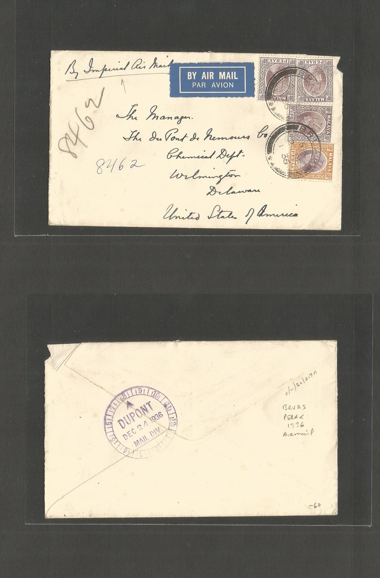 Malaysia. 1936 (2 Dec) PERAK, Bruas - USA, Wilmington, DE (24 Dec) Air Multifkd Env. Via Imperial. Fine. - Malaysia (1964-...)