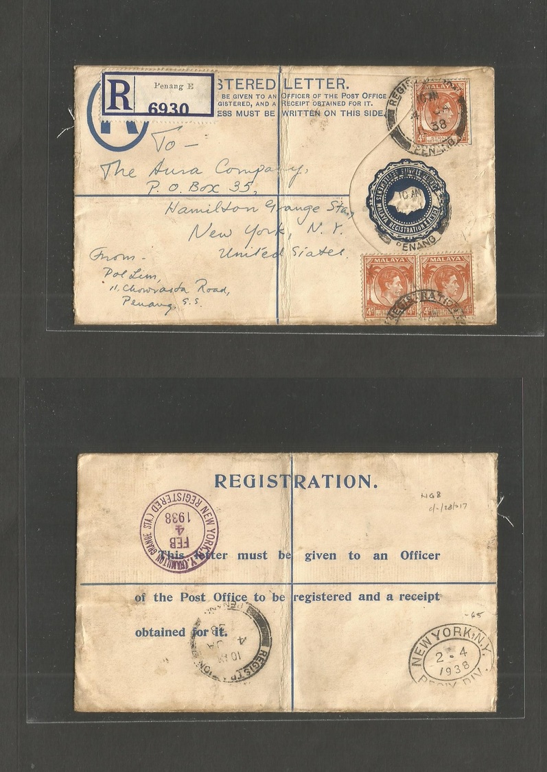 Malaysia. 1938 (4 Jan) Penang - NYC, USA (4 Feb) 15c Blue Stat Env + 3 Adtls, Cds. - Malaysia (1964-...)