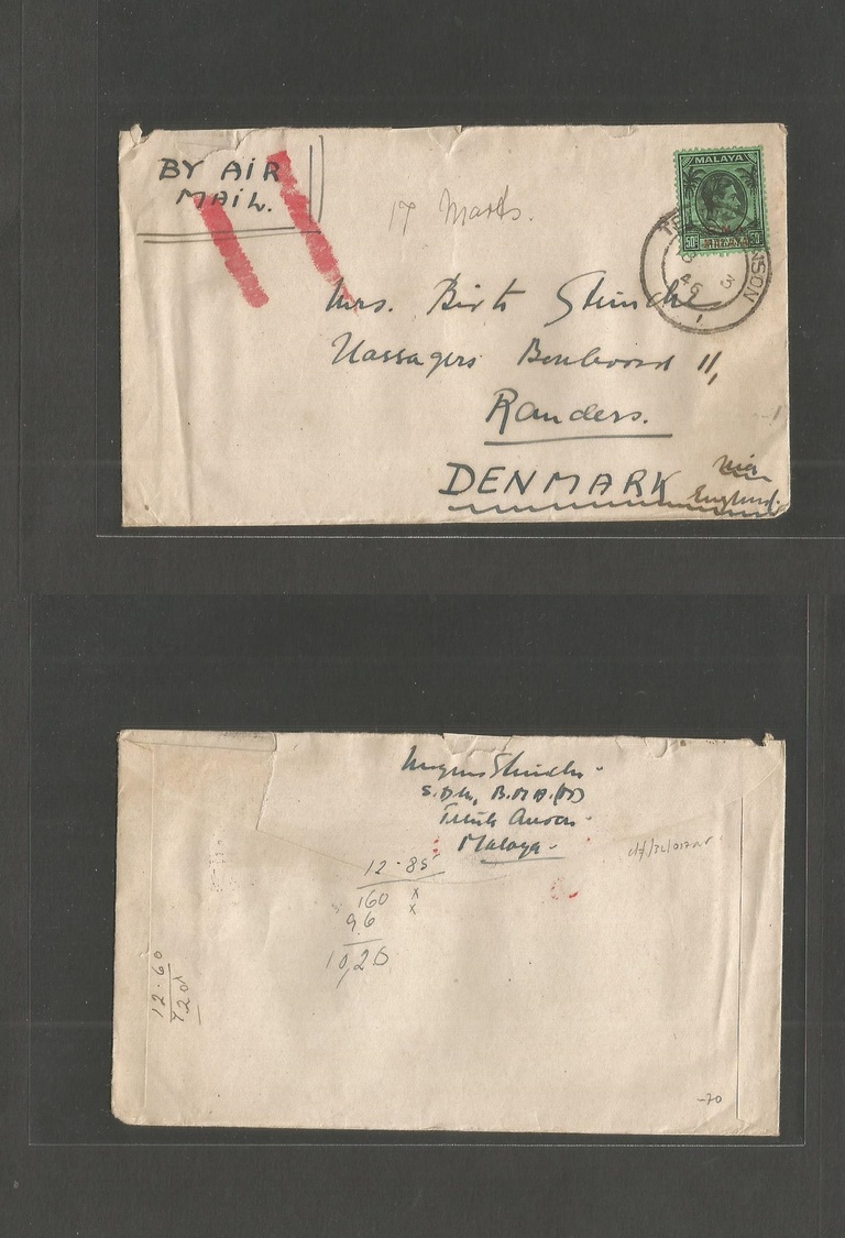 Malaysia. 1946 (18 March) BMA. Teluk Anson - Denmark, Randers. Single 50c Green Ovptd Fkd Envelope. VF. Air Modified. - Malaysia (1964-...)