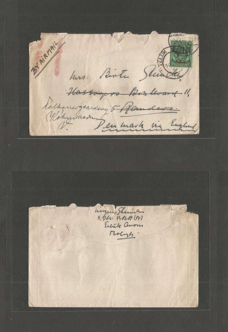 Malaysia. 1946 (30 March) BMA. Teluk Anson - Denmark, Randers. Via Airmail England. Single 50c Green Ovptd Fkd Env + Mod - Malaysia (1964-...)