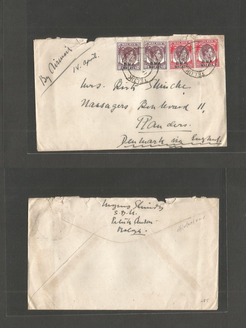 Malaysia. 1946 (15 Apr) BMA, Teluk Anson - Randers, Denmark. Air Multifkd Envelope. Fine. - Malaysia (1964-...)