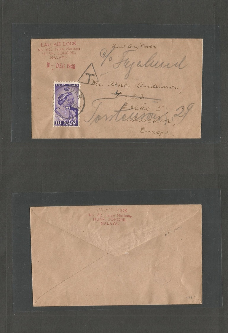 Malaysia. 1948. Coronation Issue. Muar, Johore - Sweden I Boras. Fkd 10c Cover + Taxed + Aux Postal Marks. + "T" - Malaysia (1964-...)