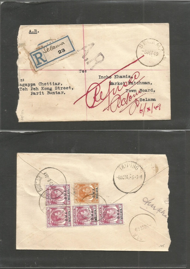 Malaysia. 1949 (5 Oct) BMA. Selana - Parat Bruitar (5 Oct) Local Registered AR Multifkd Reverse Envelope. Better Postal  - Malaysia (1964-...)