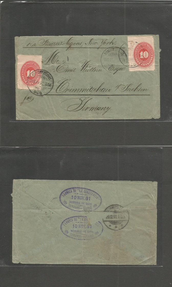 Mexico. 1891 (11 Dic) Nombre De Dios, Durango - Germany, Sachen (29 Dec) Via Piedras Negras - NYC. Fkd Env 10c Vermilion - Mexique