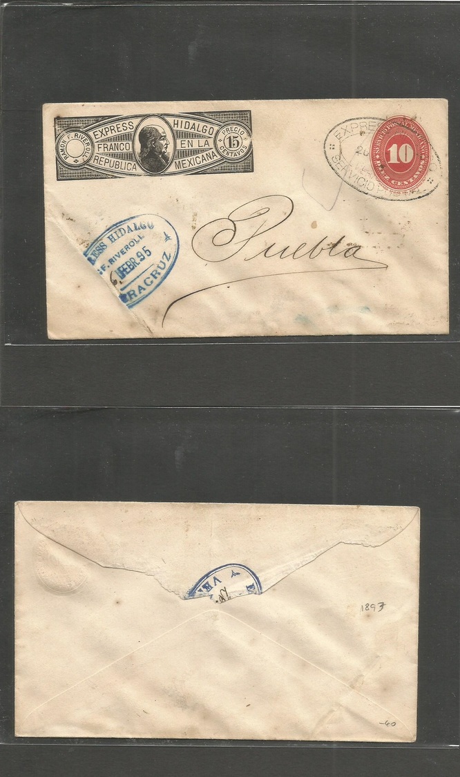 Mexico - Stationery. 1895 (6 Feb) Veracruz - Puebla. Express Hudalgo. 10c Vermilion Unusual Stat Env. Very Scarce. - Mexique