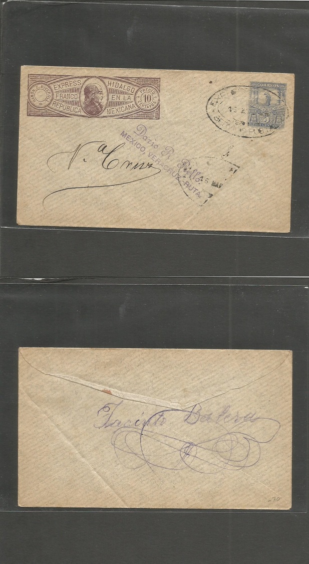 Mexico - Stationery. 1895 (16 Marzo) Texcoco - Veracruz. Express Hidalgo 5c Blue + Military On Cover Wavy Diagonal Lines - Mexique