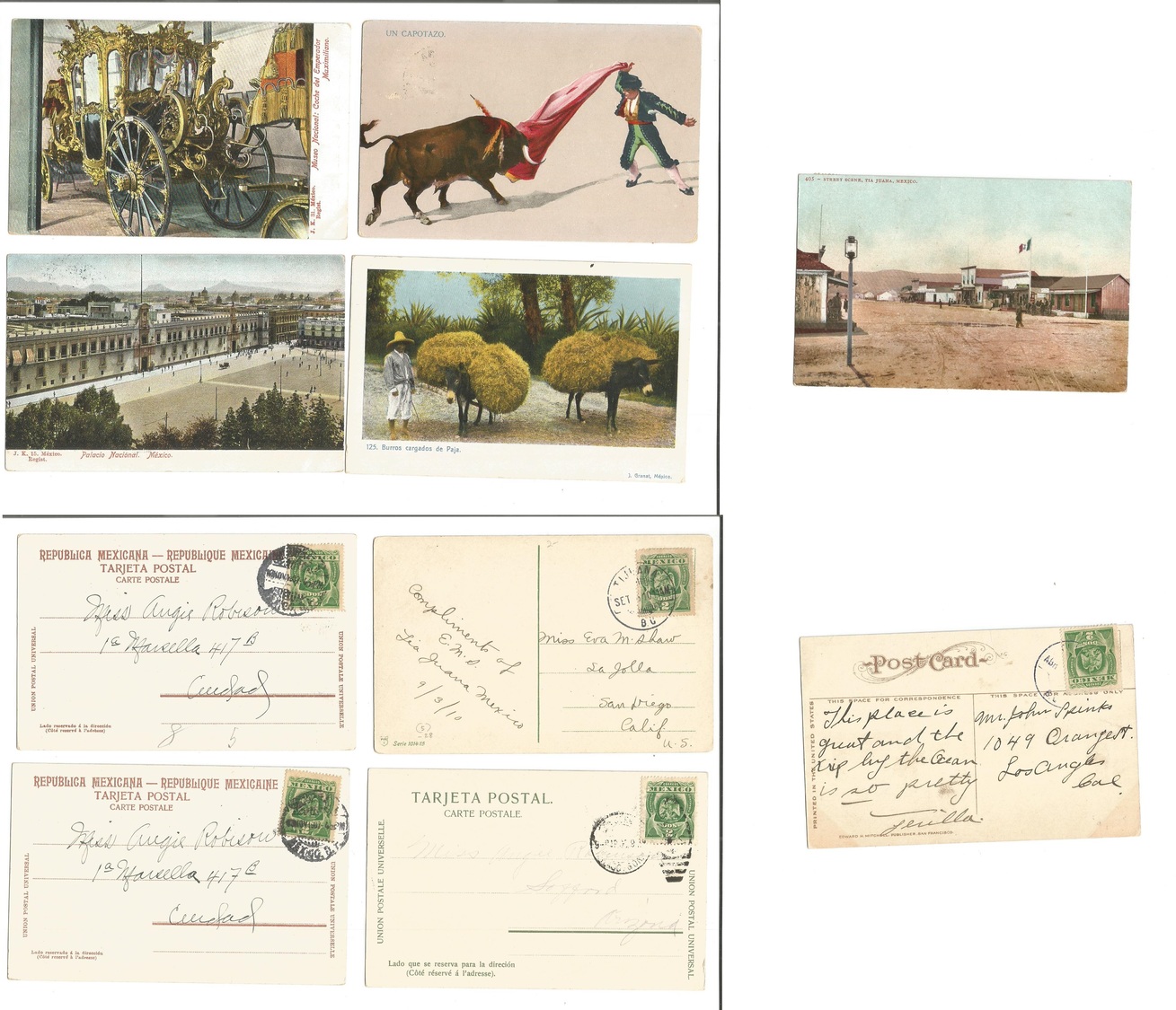 Mexico - Xx. C. 1910. Five Fkd View Photo Color Cards, Tijuana Cds, Addressed To USA Or Local. Opportunity. - Mexique