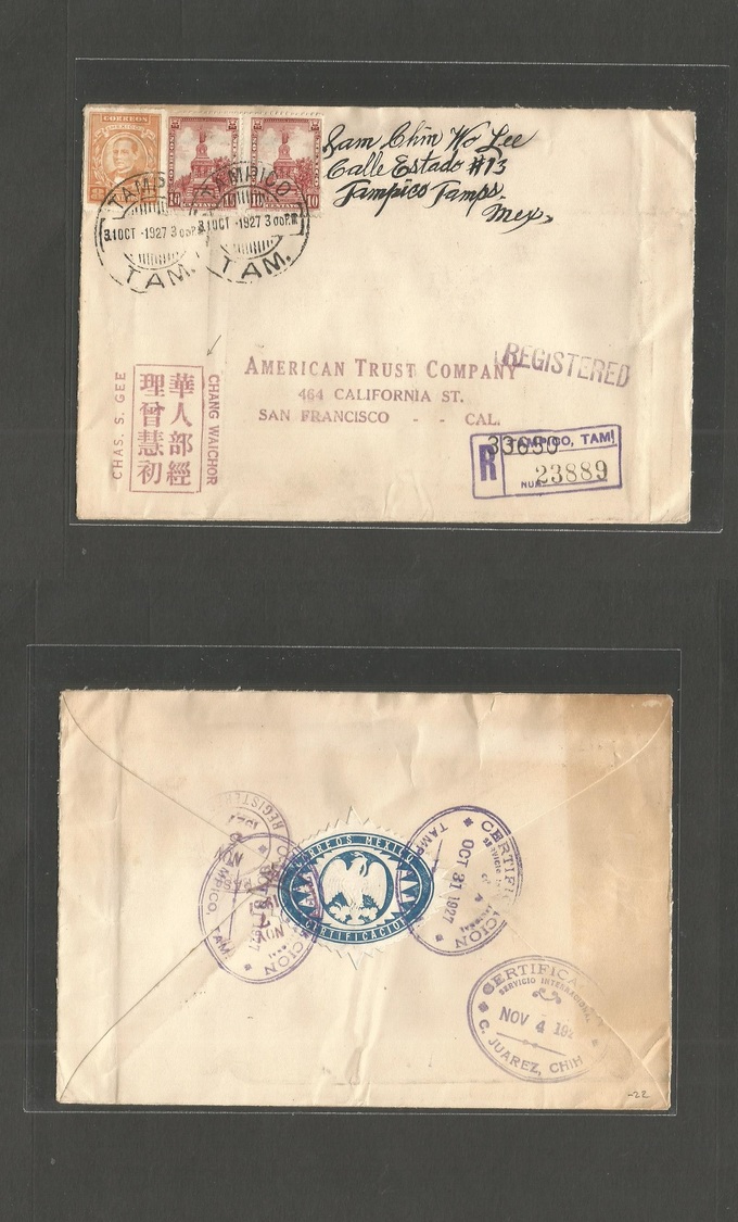 Mexico - Xx. 1927 (31 Oct) Tampico - USA, CAL, SF. Via Ciudad Suarez. Registered Multifkd Env Chinese Businnes. Fine. - Mexique