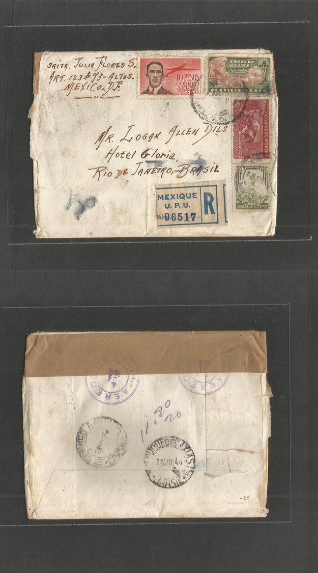 Mexico. 1948 (24 Aug) DF - Brazil, RJ (28-29 Aug) Registered Multifkd Airmail Env. Diff Issues Including 10 Peso Stamp.  - Mexique