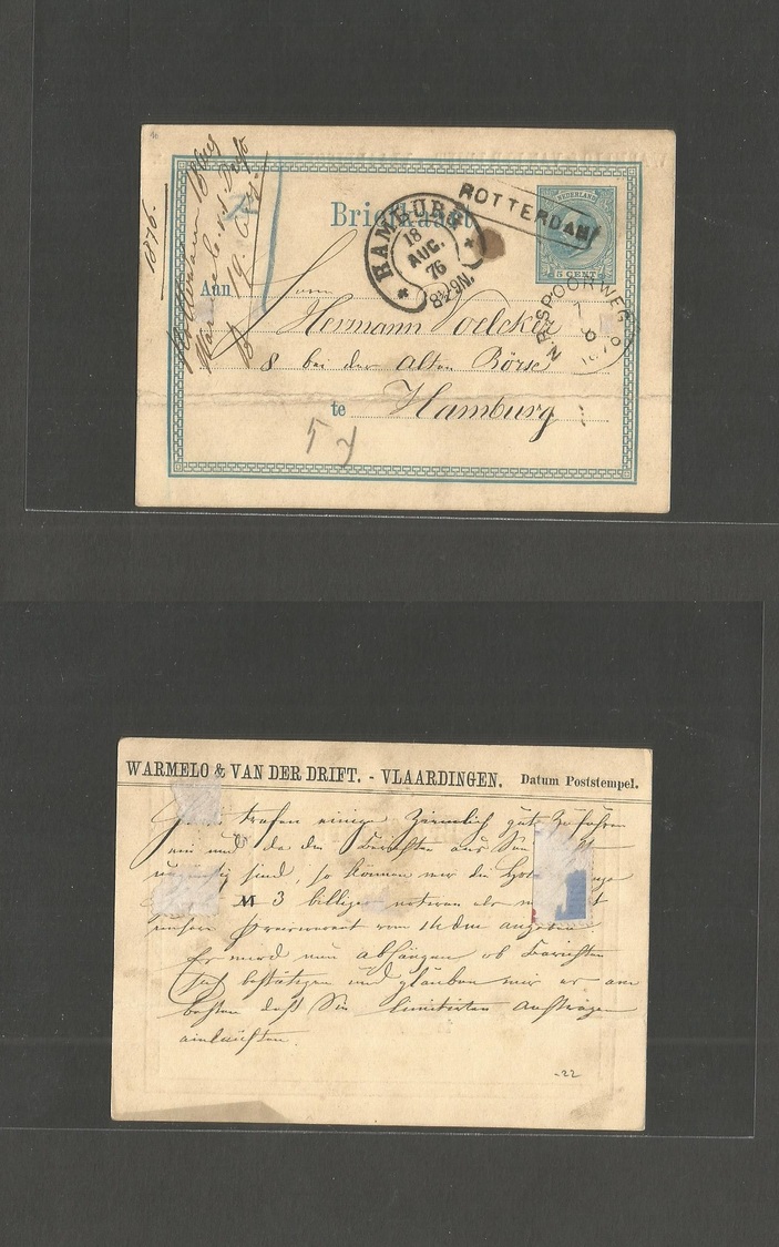Netherlands. 1876 (7 Aug) NR. Spoorweg - Germany, Hamburg (18 Aug) 5c Blue Stationery Card, Stline Town Depart + ROTTERD - Autres & Non Classés