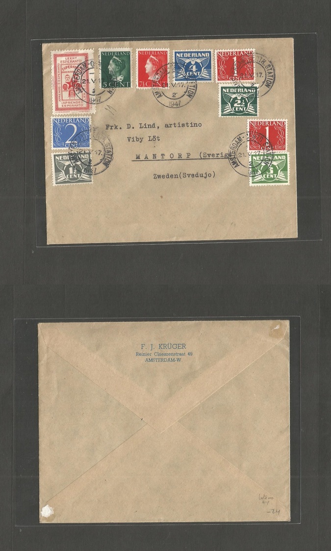Netherlands. 1947 (21 May) Amsterdan - Sweden, Mantorp. Esperanto Label Multifkd Env. All Tied Cds. Fine Late Language L - Autres & Non Classés