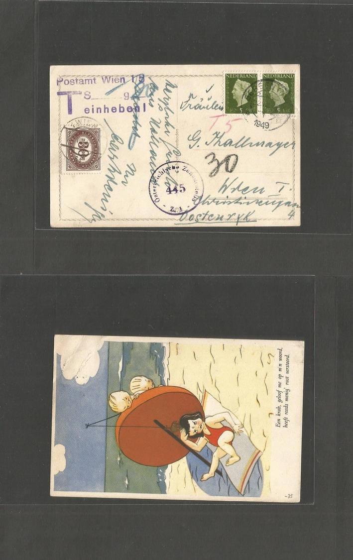Netherlands. 1949 (22 Aug) Bergen - Austria, Wien (27 Aug) Fkd Illust Ppc + Taxed + Aux Cachet + Austrian Postage Due, T - Sonstige & Ohne Zuordnung