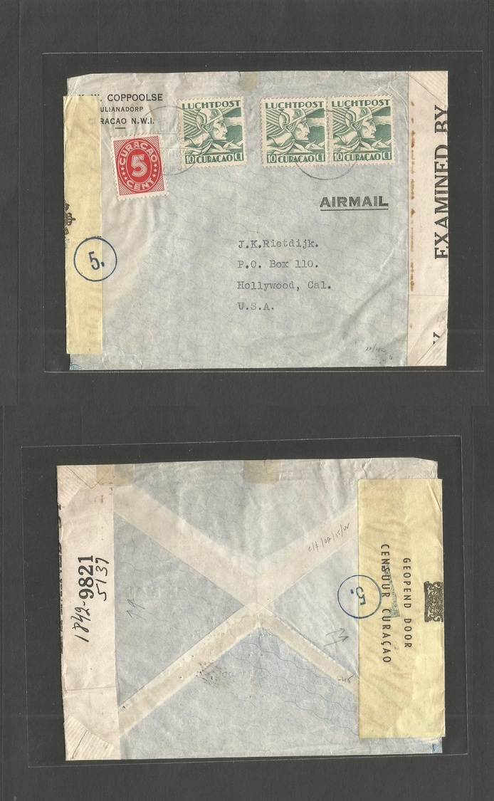 Curaçao. 1942 (13 Nov) Julianadorp - USA, Hollywood, CAL. Air Multifkd Dual Censored Envelope. Includes British Caribbea - Curaçao, Antilles Neérlandaises, Aruba