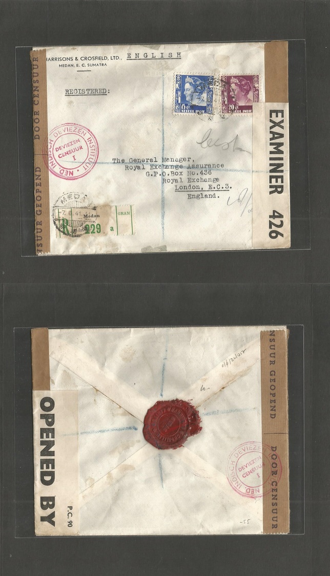 Dutch Indies. 1941 (7 Aug) Medan - UK, London. Registered Multifkd Multicensored Envelope. Fine. - Indonesië