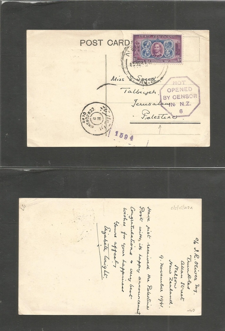 New Zealand. 1941 (13 Nov) Nelson - Palestine, Talbiyeh, Jerusalem. Private Franked Card, Doble Depart + Arrival Censore - Autres & Non Classés