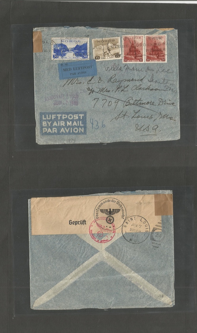Norway. 1940 (17 May) OSLO - USA, St. Louis, MO. Air Multifkd Env. Nazi Censor. - Sonstige & Ohne Zuordnung